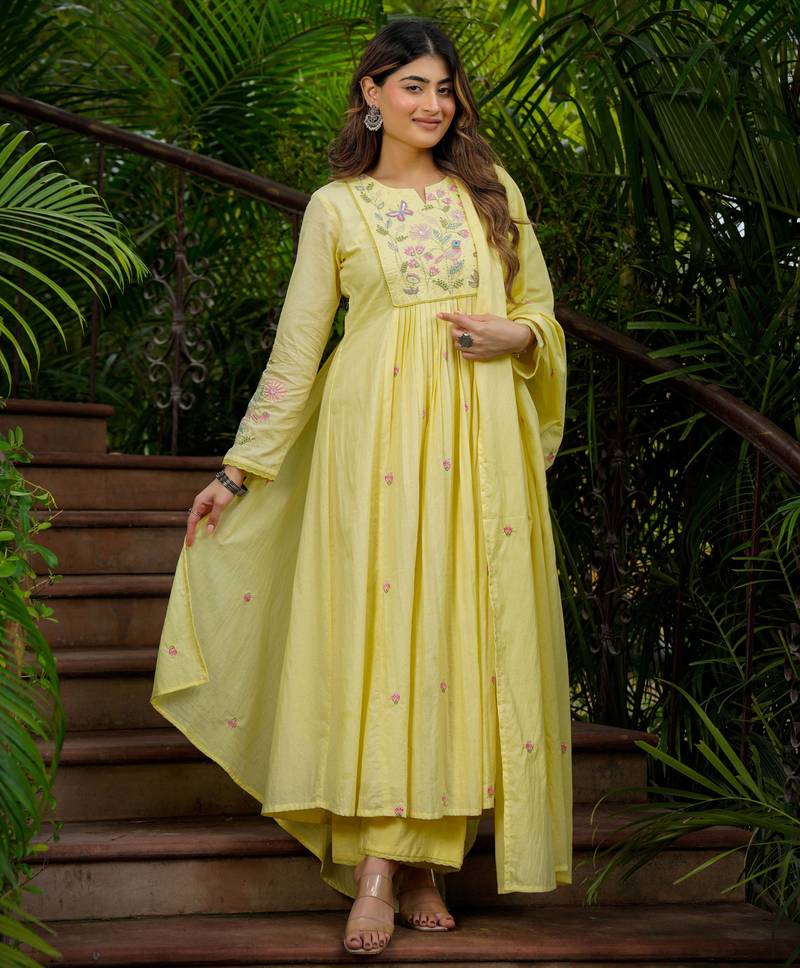 Trending pista yellow embroidered chanderi silk flared kurta pant set with dupatta for women
