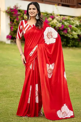 Red floral print soft pure cotton saree with blouse.