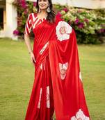 Red floral print soft pure cotton saree with blouse.