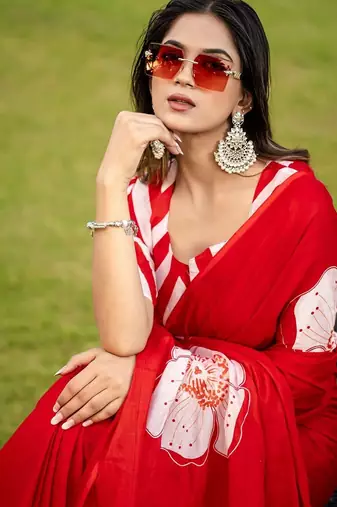 Red floral print soft pure cotton saree with blouse.
