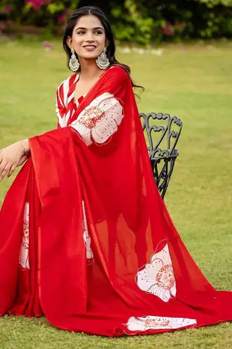 Red floral print soft pure cotton saree with blouse.