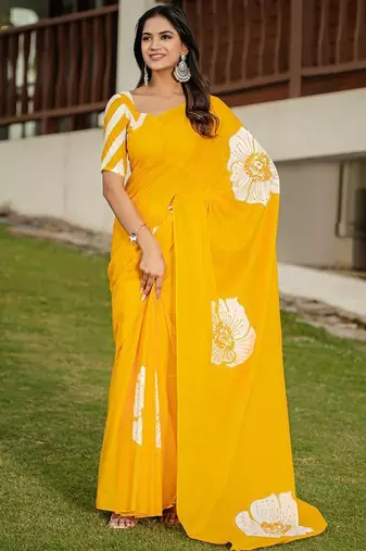 Yellow floral print soft pure cotton saree with blouse.