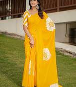 Yellow floral print soft pure cotton saree with blouse.