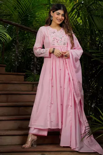 Trending pink embroidered chanderi silk flared kurta pant set with dupatta for women