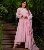 Trending pink embroidered chanderi silk flared kurta pant set with dupatta for women