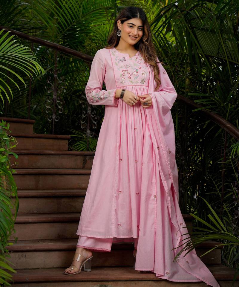 Trending pink embroidered chanderi silk flared kurta pant set with dupatta for women