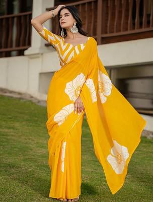 Yellow floral print soft pure cotton saree with blouse. 3