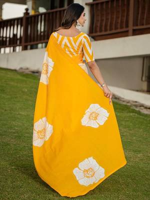 Yellow floral print soft pure cotton saree with blouse. 4