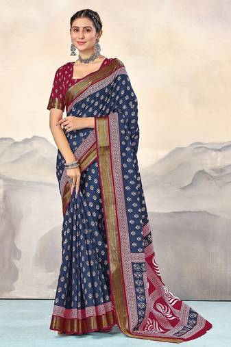 Blue, pink floral print mulmul cotton saree with blouse.