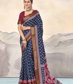 Blue, pink floral print mulmul cotton saree with blouse.