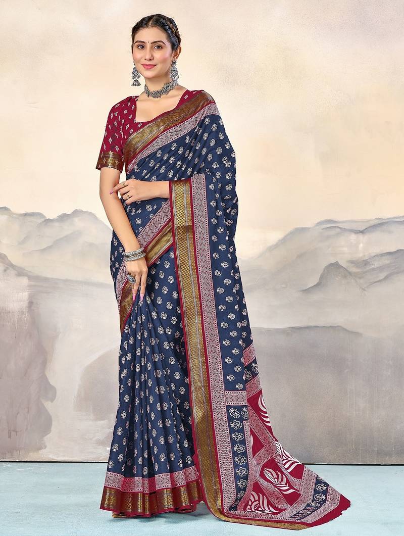 Blue, pink floral print mulmul cotton saree with blouse.