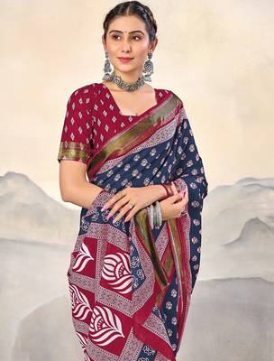 Blue, pink floral print mulmul cotton saree with blouse. 2