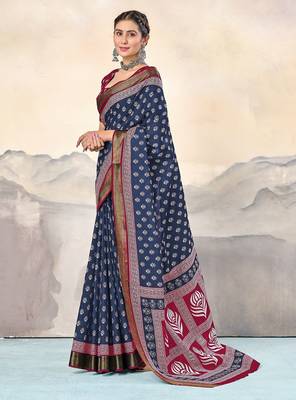 Blue, pink floral print mulmul cotton saree with blouse. 3