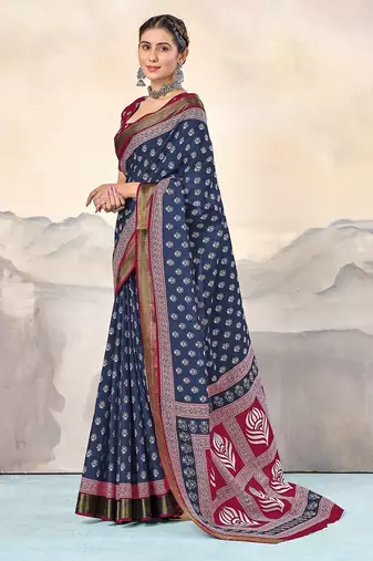 Blue, pink floral print mulmul cotton saree with blouse.