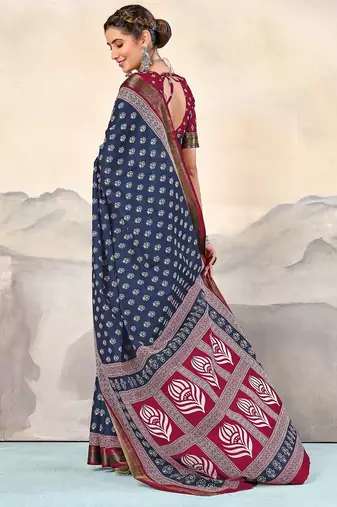 Blue, pink floral print mulmul cotton saree with blouse.