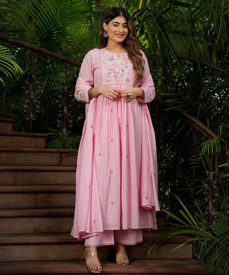 Trending pink embroidered chanderi silk blend flared kurta pant set with dupatta for women 5