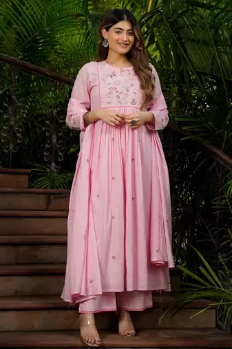 Trending pink embroidered chanderi silk blend flared kurta pant set with dupatta for women