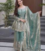 Elegant sky blue embroidered fandy silk kurta sharara set with dupatta for women