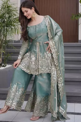  sky blue embroidered fandy silk blend kurta sharara set with dupatta for women