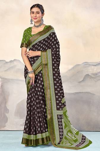 Brown, green floral print mulmul cotton saree with blouse.