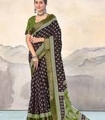 Brown, green floral print mulmul cotton saree with blouse.