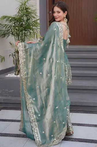  sky blue embroidered fandy silk blend kurta sharara set with dupatta for women