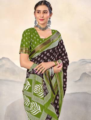 Brown, green floral print mulmul cotton saree with blouse. 2