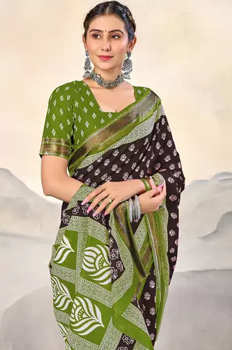 Brown, green floral print mulmul cotton saree with blouse.