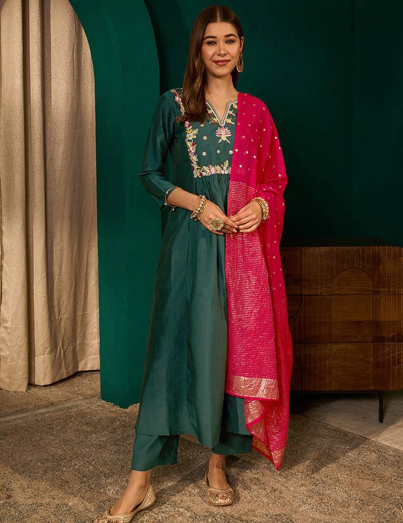 A-line green embroidered silk blend kurta pant set with pink dupatta – festive ethnic wear for women