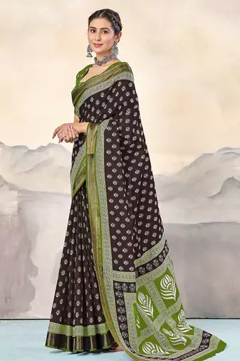 Brown, green floral print mulmul cotton saree with blouse.