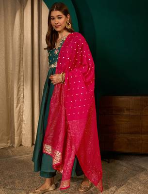 A-line green embroidered silk blend kurta pant set with pink dupatta     festive ethnic wear for women 2
