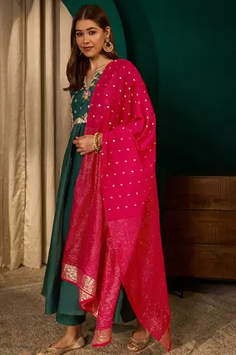 A-line green embroidered silk blend kurta pant set with pink dupatta     festive ethnic wear for women