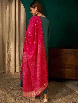 A-line green embroidered silk blend kurta pant set with pink dupatta     festive ethnic wear for women 3