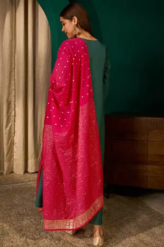 A-line green embroidered silk blend kurta pant set with pink dupatta     festive ethnic wear for women