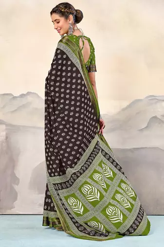 Brown, green floral print mulmul cotton saree with blouse.