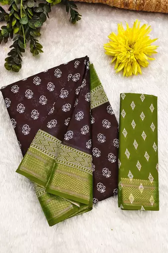 Brown, green floral print mulmul cotton saree with blouse.