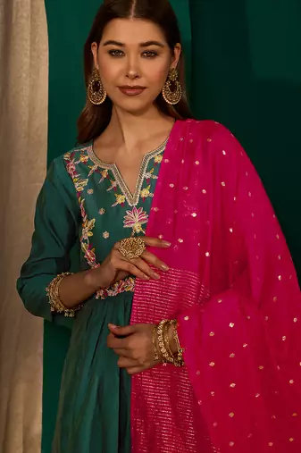 A-line green embroidered silk blend kurta pant set with pink dupatta     festive ethnic wear for women