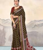 Brown, red floral print mulmul cotton saree with blouse.
