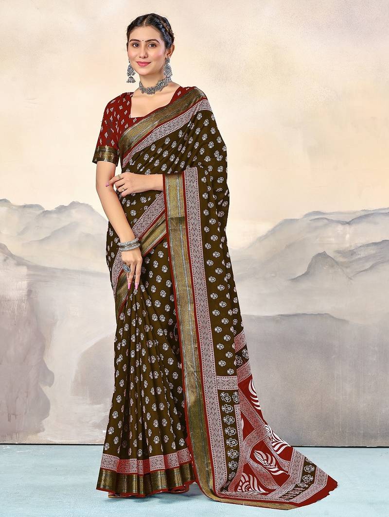 Brown, red floral print mulmul cotton saree with blouse.