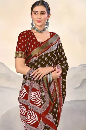 Brown, red floral print mulmul cotton saree with blouse.