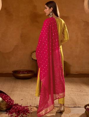 A-line mustard embroidered silk blend kurta pant set with pink dupatta     festive ethnic wear for women 3