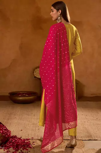 A-line mustard embroidered silk blend kurta pant set with pink dupatta     festive ethnic wear for women
