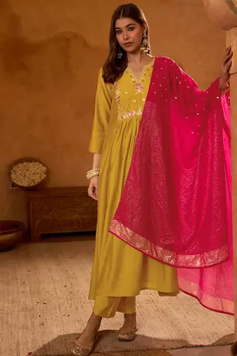 A-line mustard embroidered silk blend kurta pant set with pink dupatta     festive ethnic wear for women