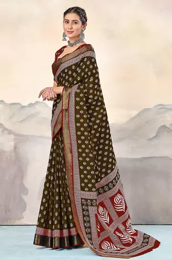 Brown, red floral print mulmul cotton saree with blouse.