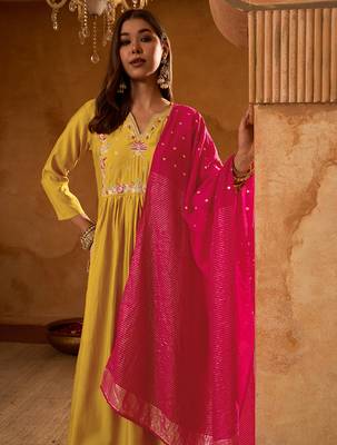 A-line mustard embroidered silk blend kurta pant set with pink dupatta     festive ethnic wear for women 5