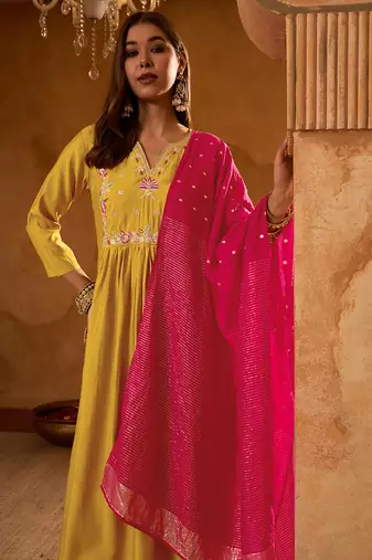 A-line mustard embroidered silk blend kurta pant set with pink dupatta     festive ethnic wear for women