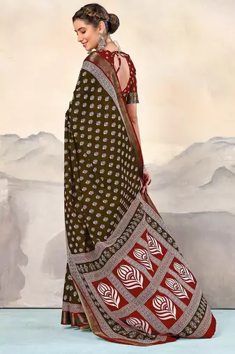 Brown, red floral print mulmul cotton saree with blouse.