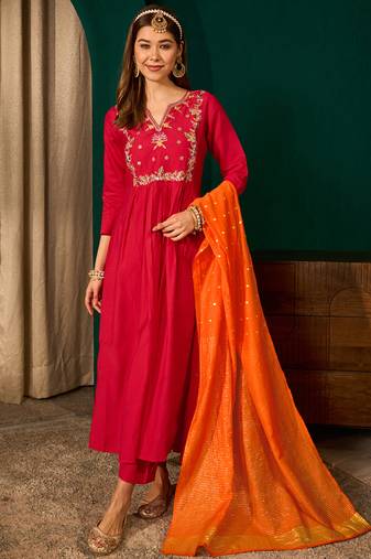 A-line red embroidered silk blend kurta pant set with pink dupatta – festive ethnic wear for women