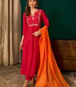 A-line red embroidered silk blend kurta pant set with pink dupatta – festive ethnic wear for women