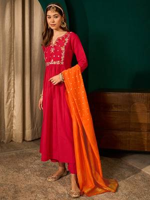 A-line red embroidered silk blend kurta pant set with pink dupatta     festive ethnic wear for women 2